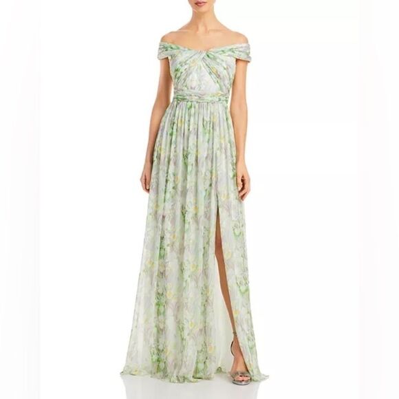 Adrianna Papell Maxi Dress Women Off Shoulder Ruffled Mint Multi Chiffon dress - Picture 1 of 16